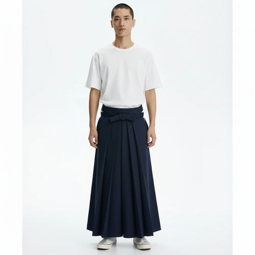 Cotton kendo hakama in navy, front view on model