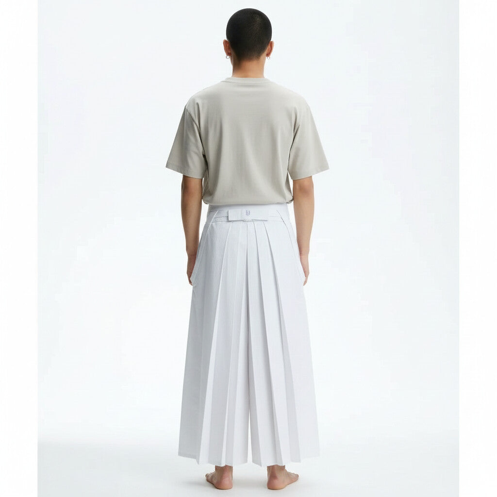 Kendo hakama in white, back view on model