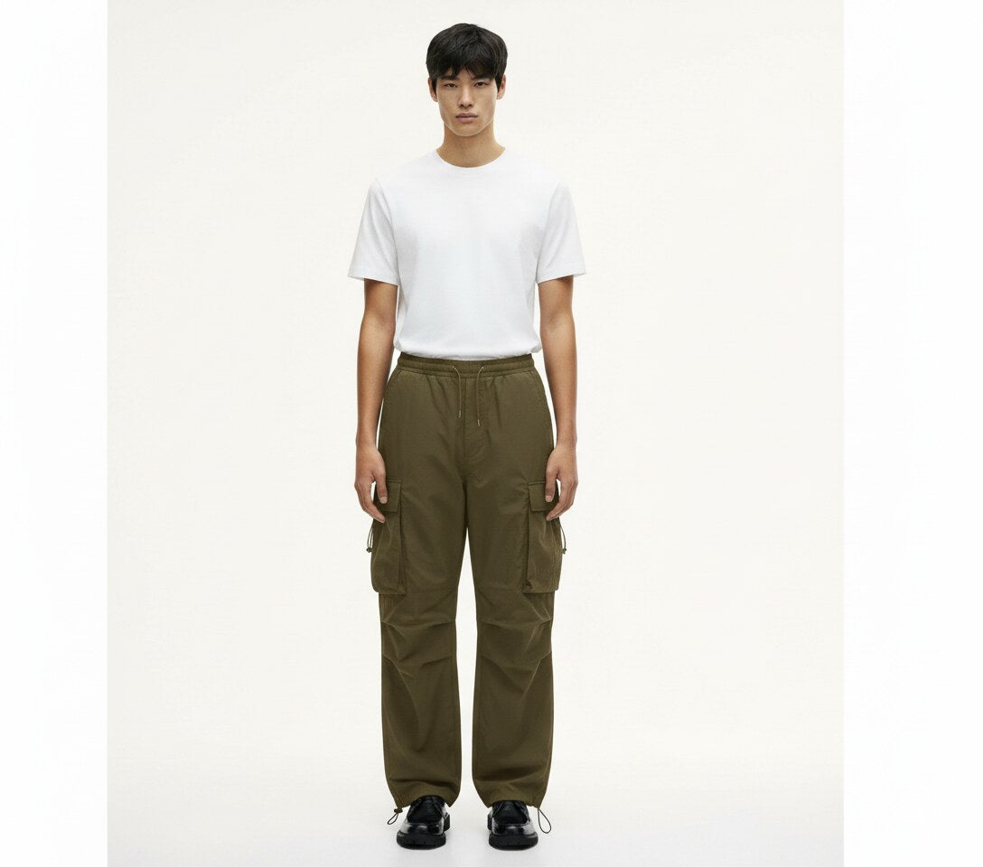 Parachute Cargo Pants in gray green, front view