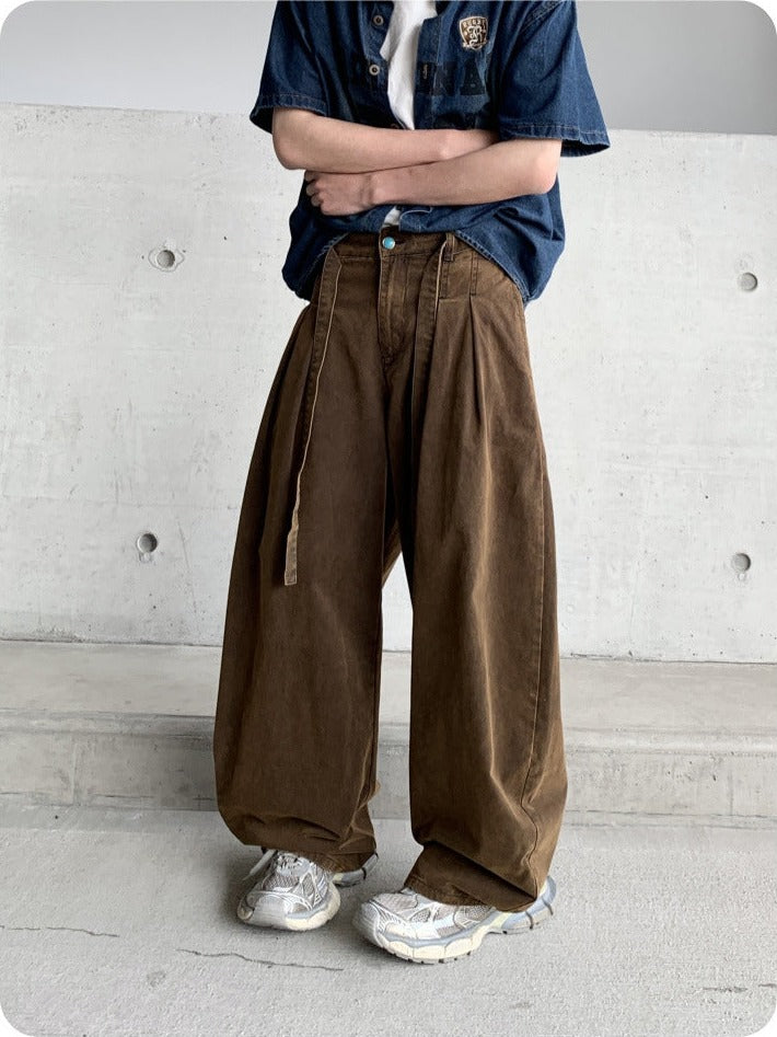 Brown pleated balloon pants, front, styled