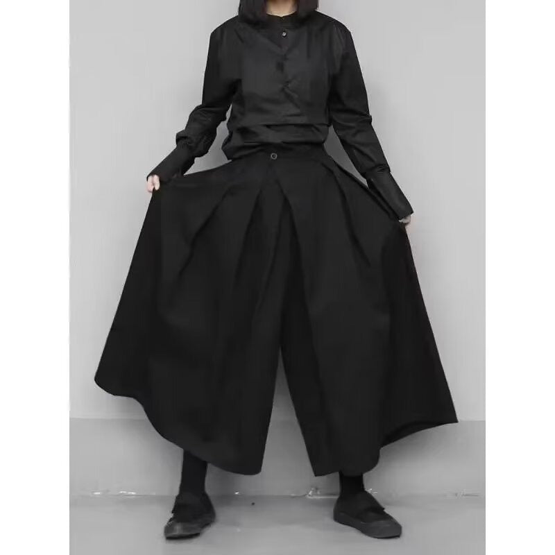 Women's hakama pants, black box-pleated wide leg, wide leg spread