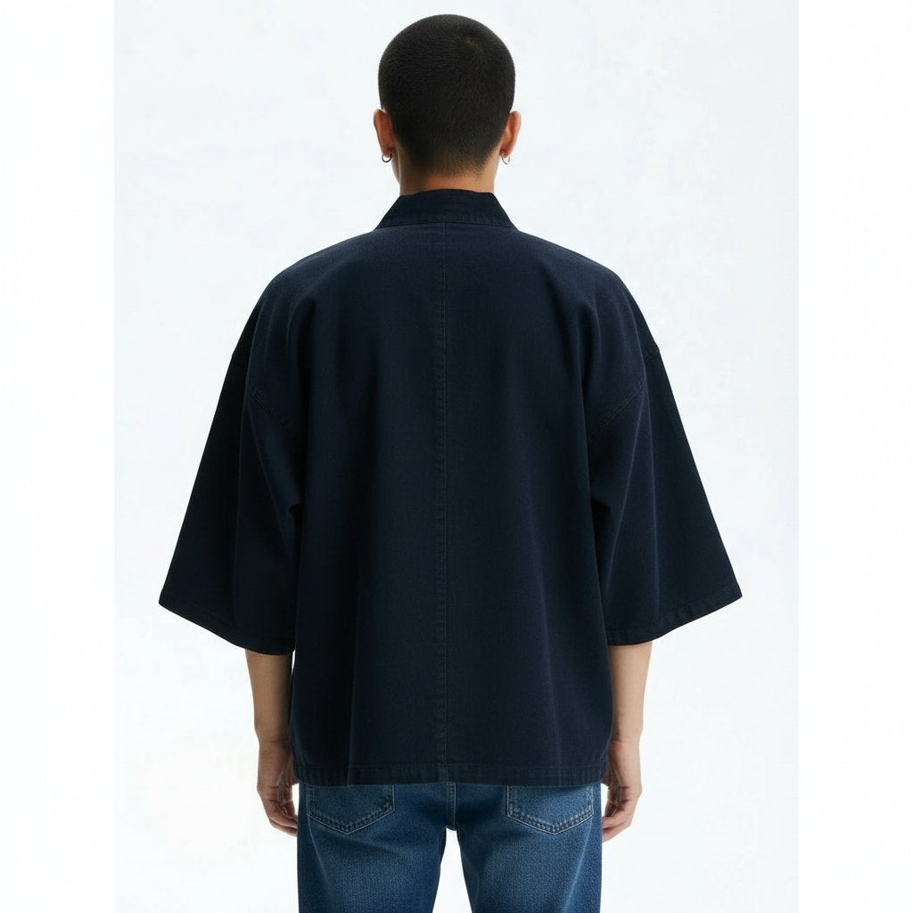 Reversible Denim Noragi Jacket on model, black with green lining, back view