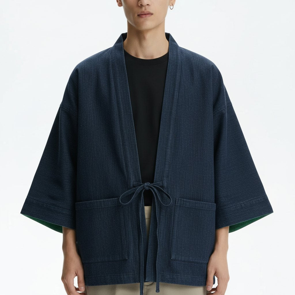 Reversible Denim Noragi Jacket on model, black with green lining, close-up of the tied front