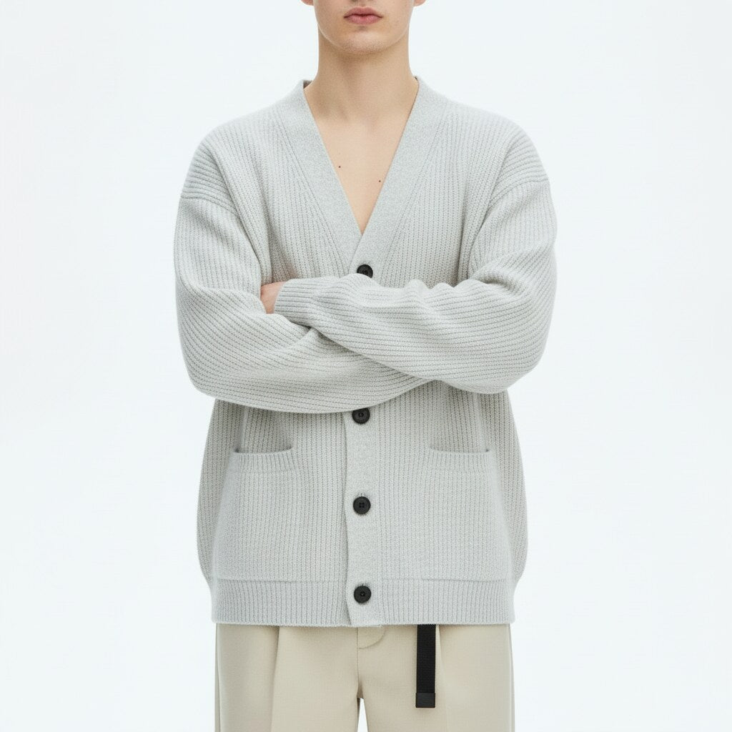 Ribbed V-Neck Cardigan in gray, detail view