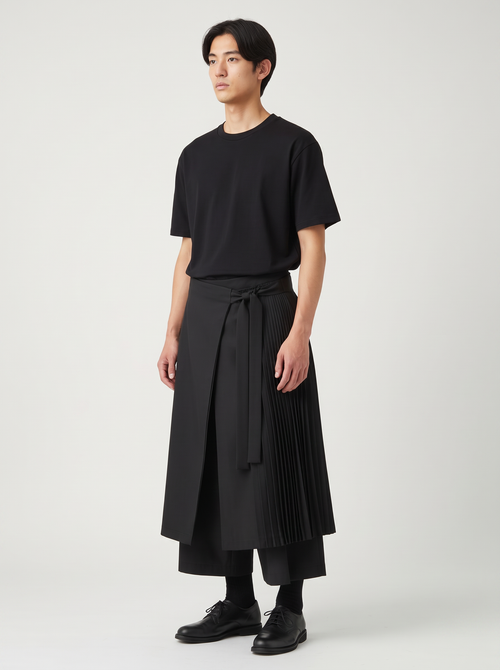Samurai hakama pants in black, three-quarter view showing the knife-pleated side panel over wide cropped legs