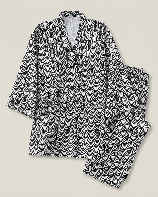 Navy seigaiha cotton gauze samue set, top and trousers laid flat