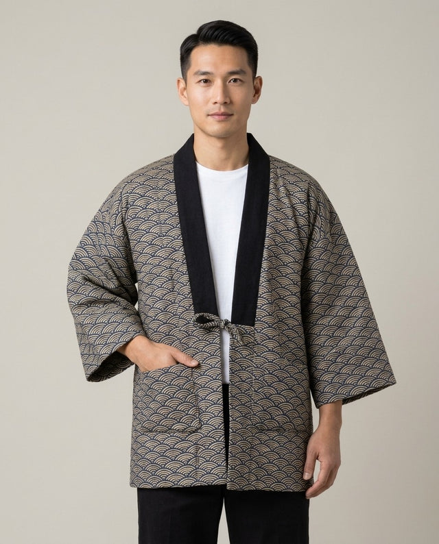 Men's grey seigaiha hanten jacket with a black collar band, worn over a white tee