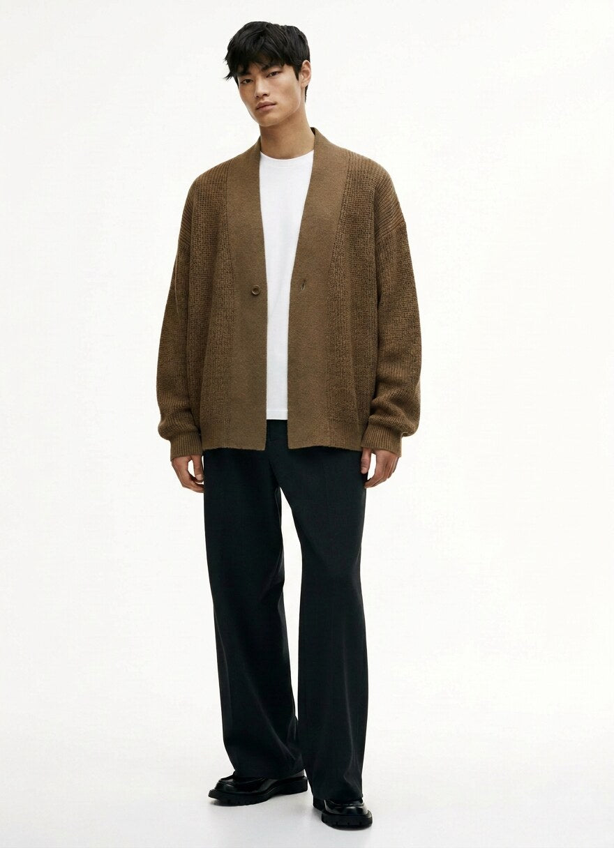 Shawl Collar Knit Cardigan on model in brown, front view