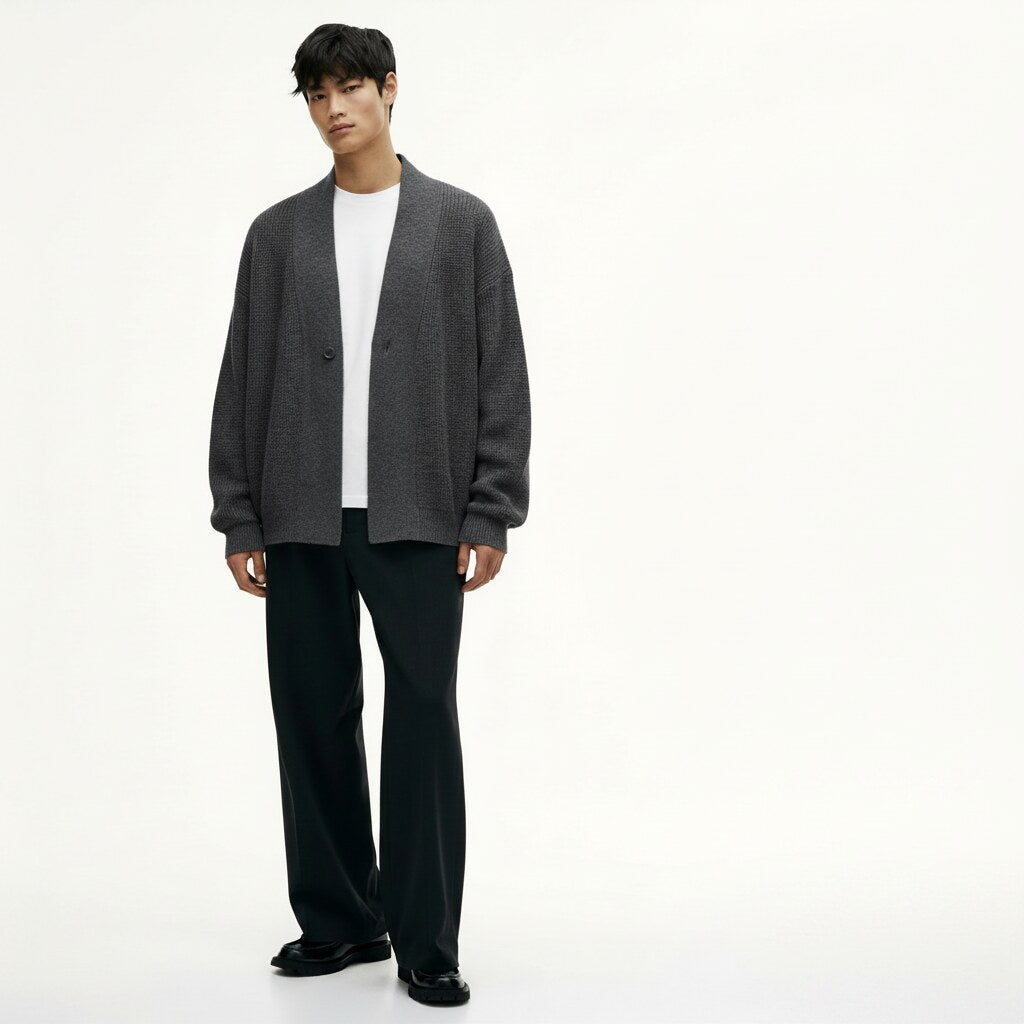 Shawl Collar Knit Cardigan in charcoal, front view