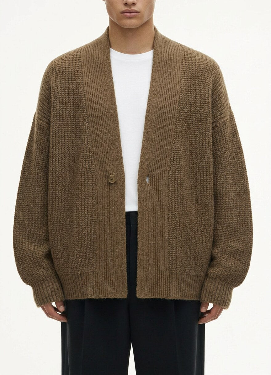 Shawl Collar Knit Cardigan on model in brown, detail view of the ribbed shawl collar