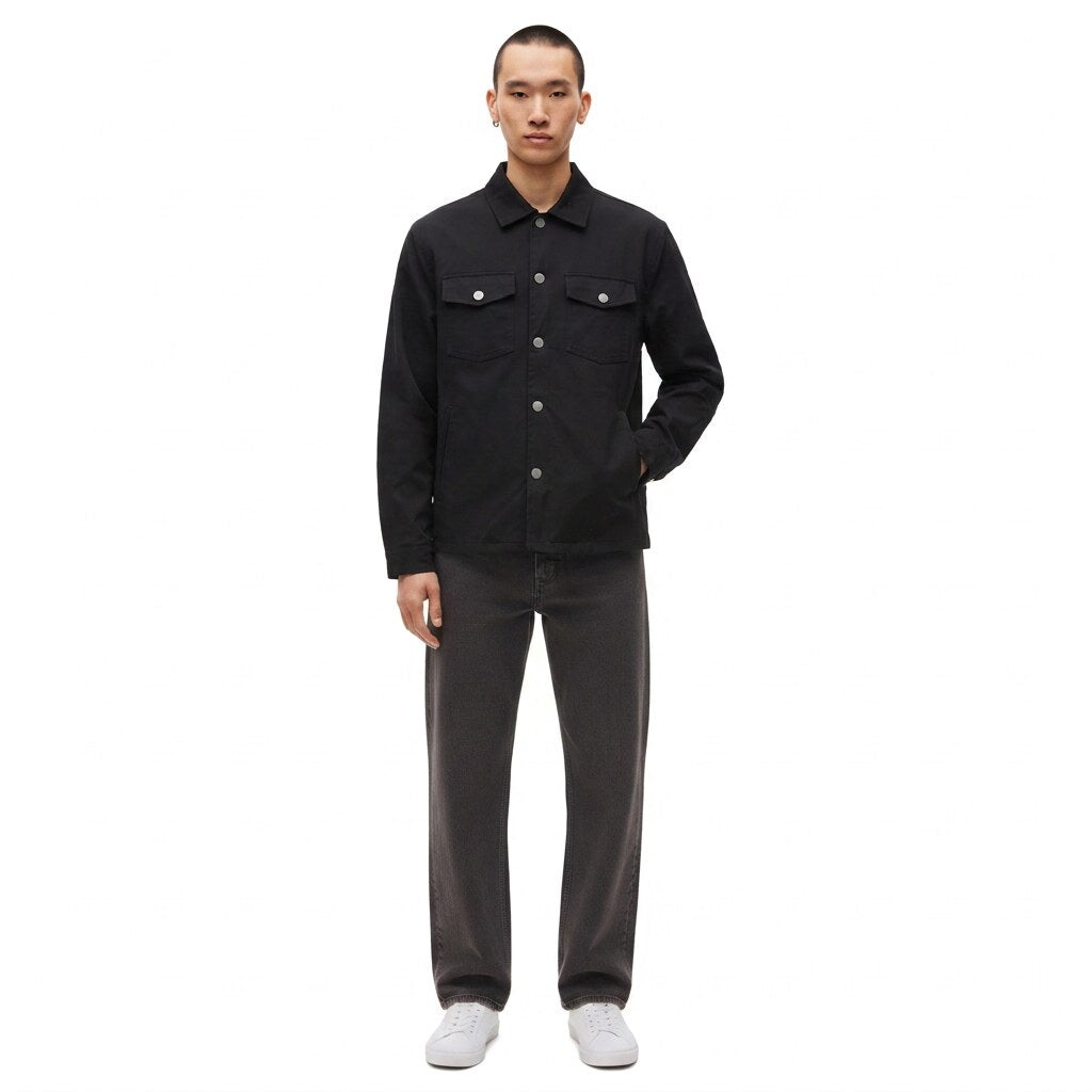 Snap Front Shirt Jacket in black, worn, front view