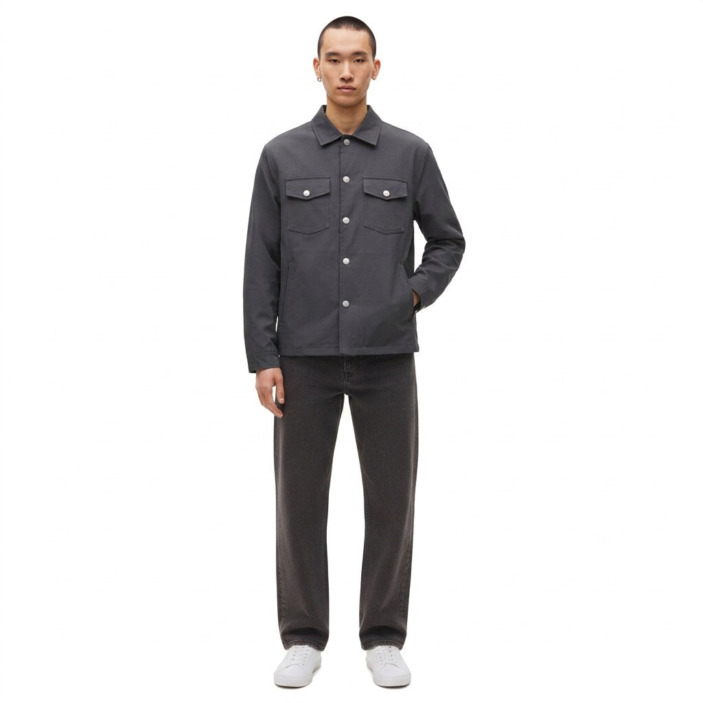 Snap Front Shirt Jacket in charcoal, worn, front view