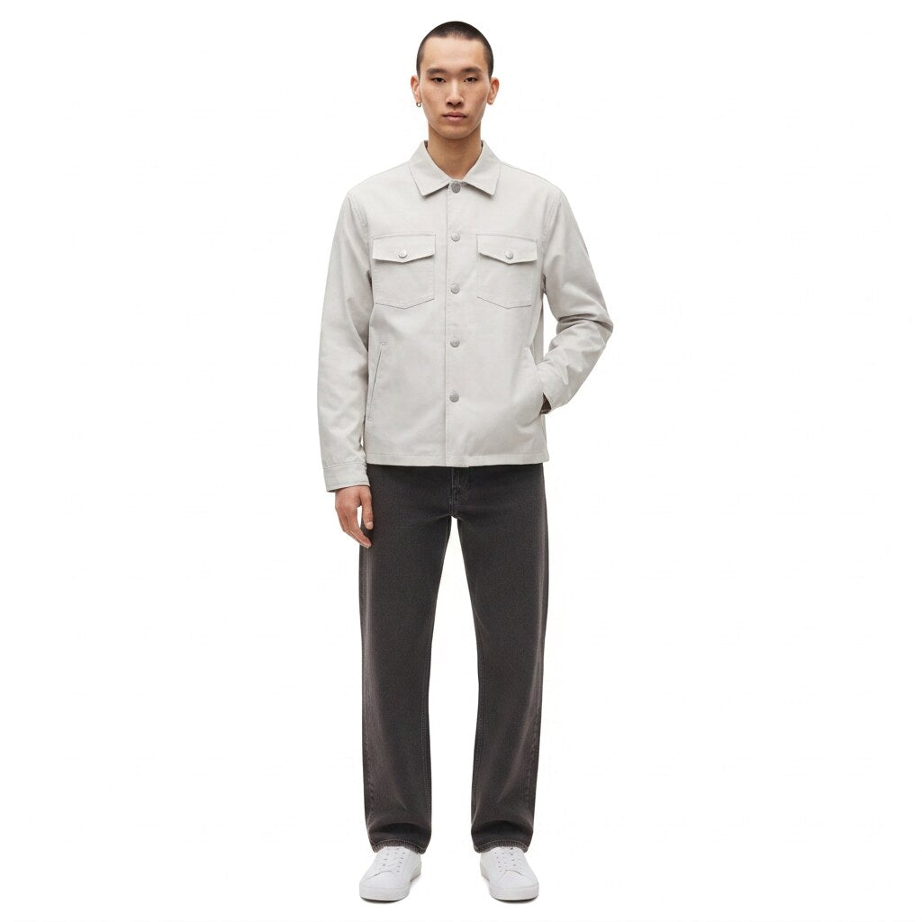 Snap Front Shirt Jacket in off white, worn, front view