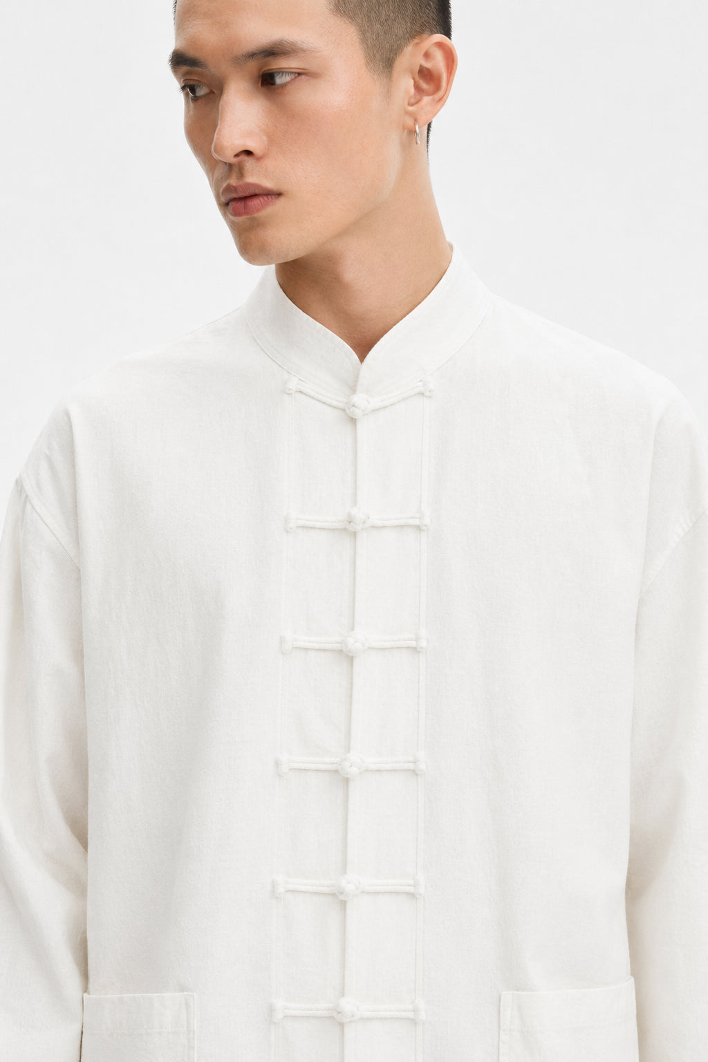 Long-Sleeve Shirt Linen Overshirt - White Frog-button Closure