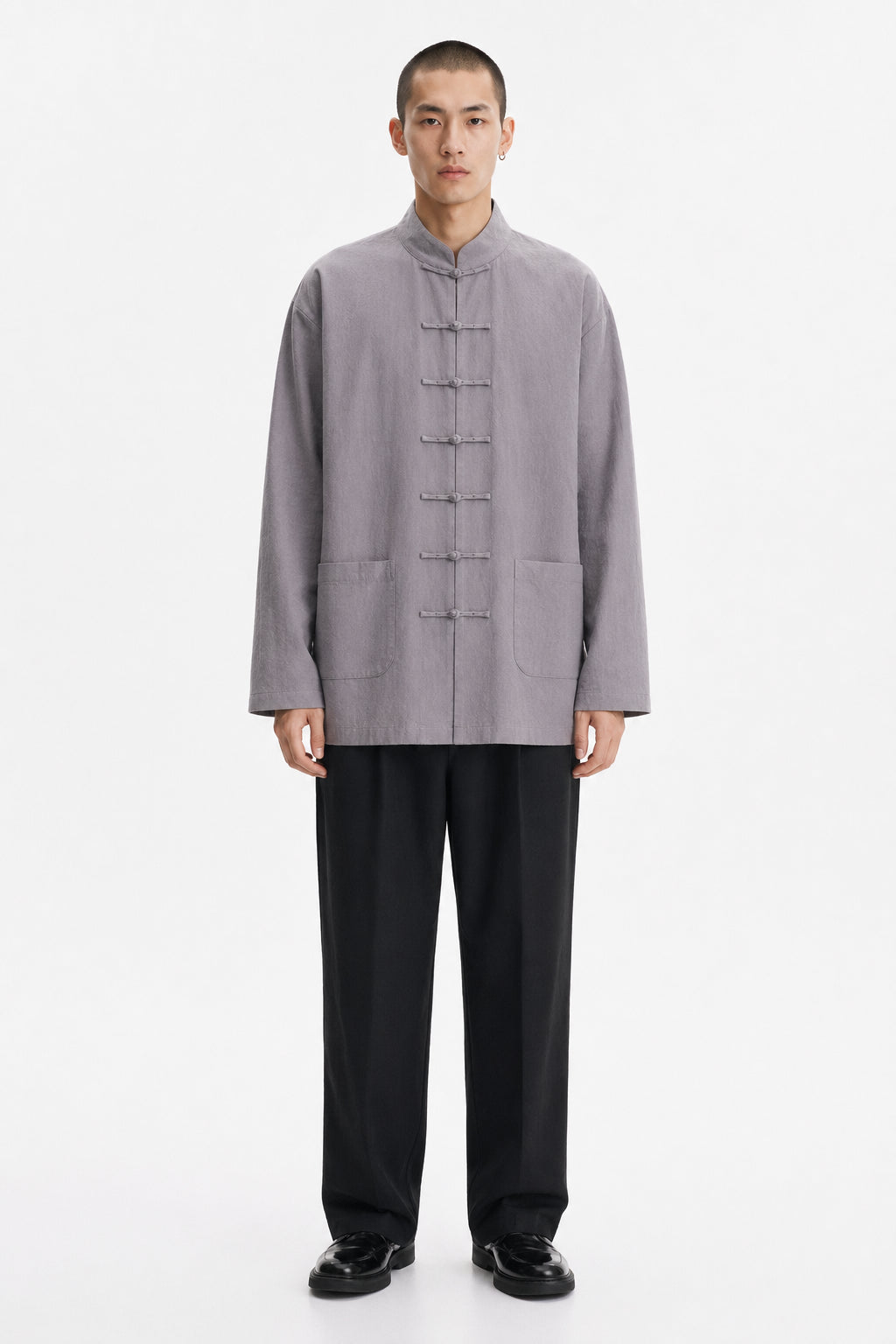 Cotton-Linen Long Sleeve Shirt Jacket on model - Gray - front
