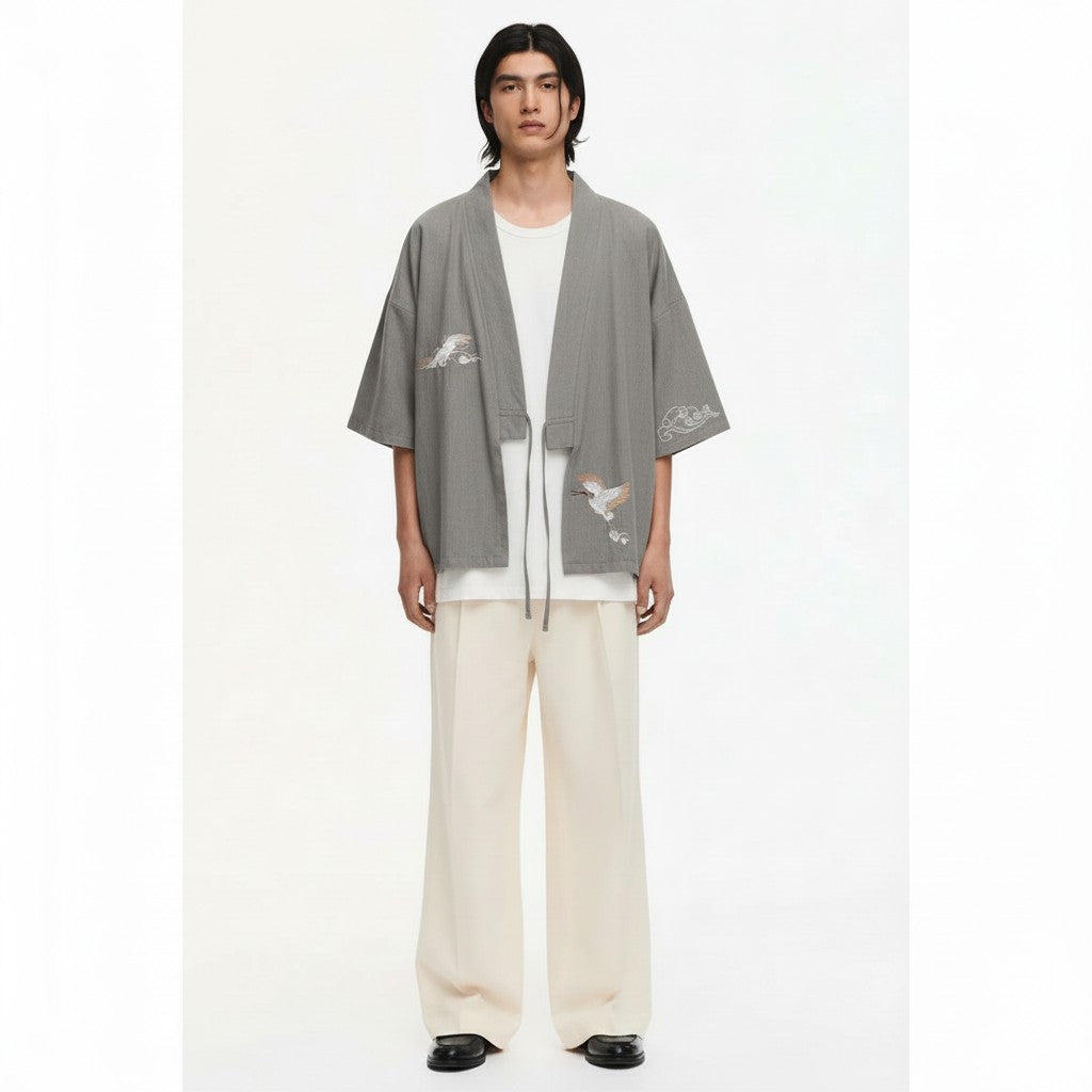 Crane embroidered kimono jacket in grey