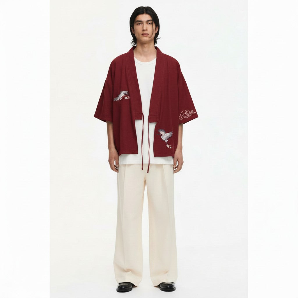 Crane embroidered kimono jacket in red