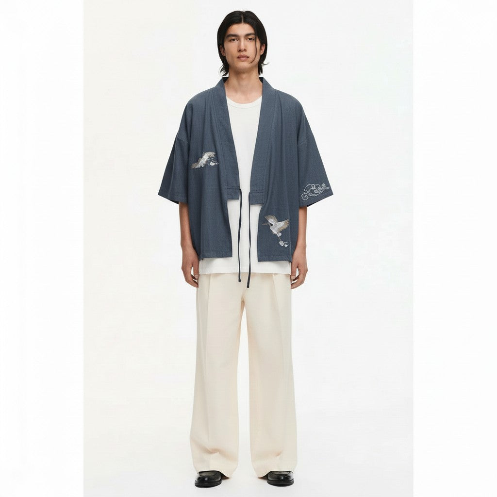 Crane embroidered kimono jacket in slate blue