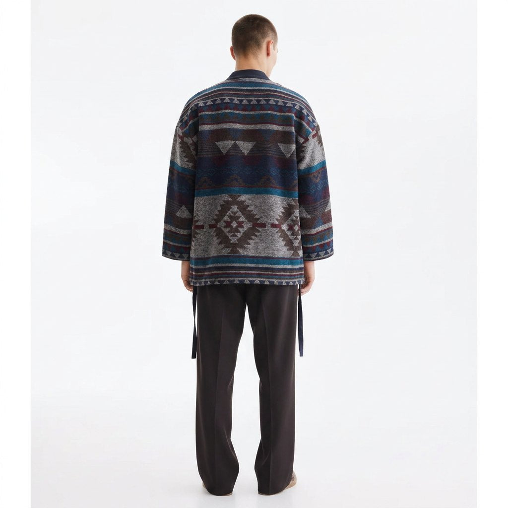 Southwestern Jacquard Haori Jacket on model, navy, back view