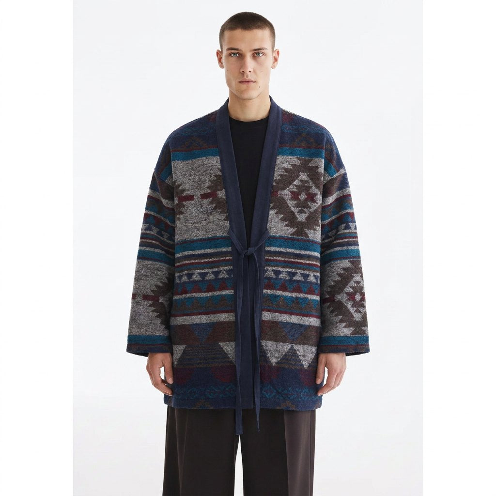 Southwestern Jacquard Haori Jacket on model, navy, close-up of the tied front