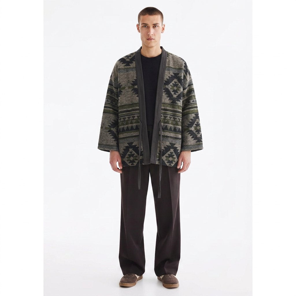 Southwestern Jacquard Haori Jacket on model, grey, front view