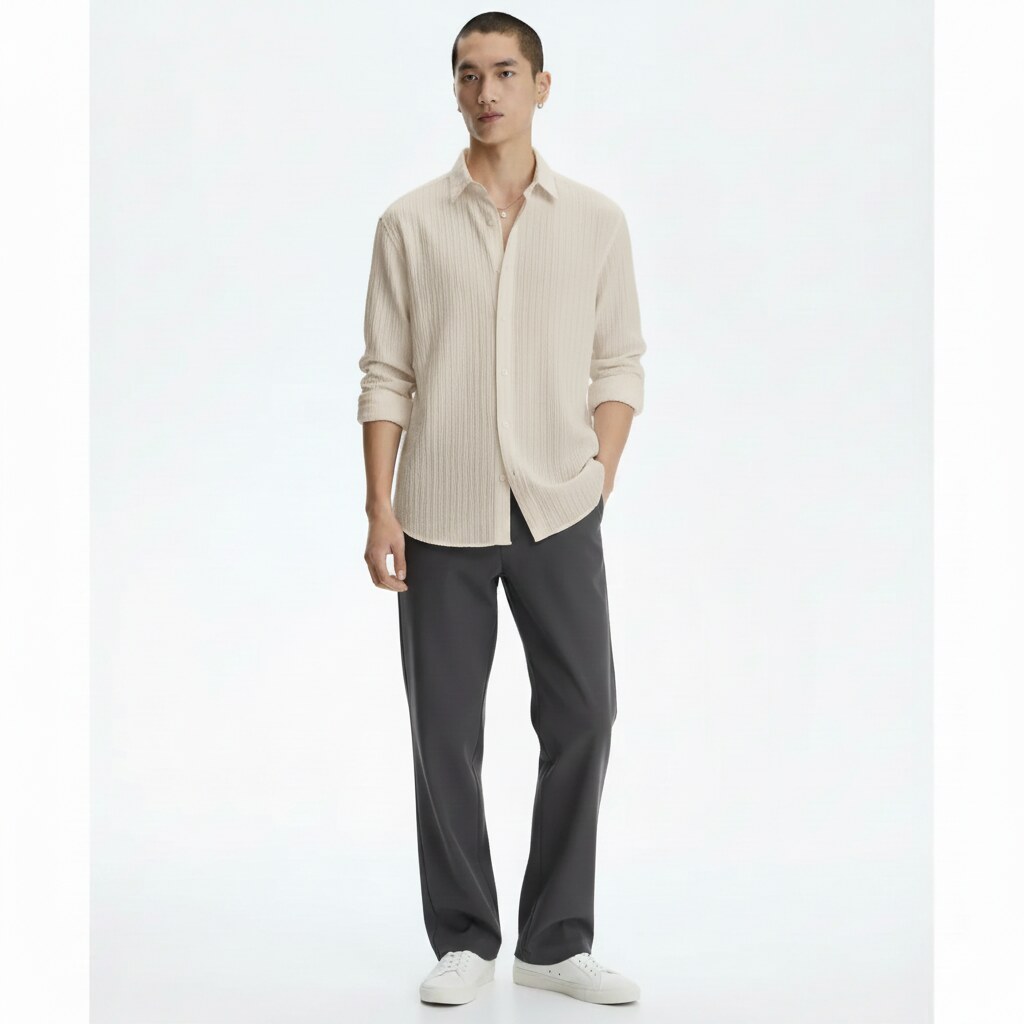 Textured Stripe Shirt in beige, front view