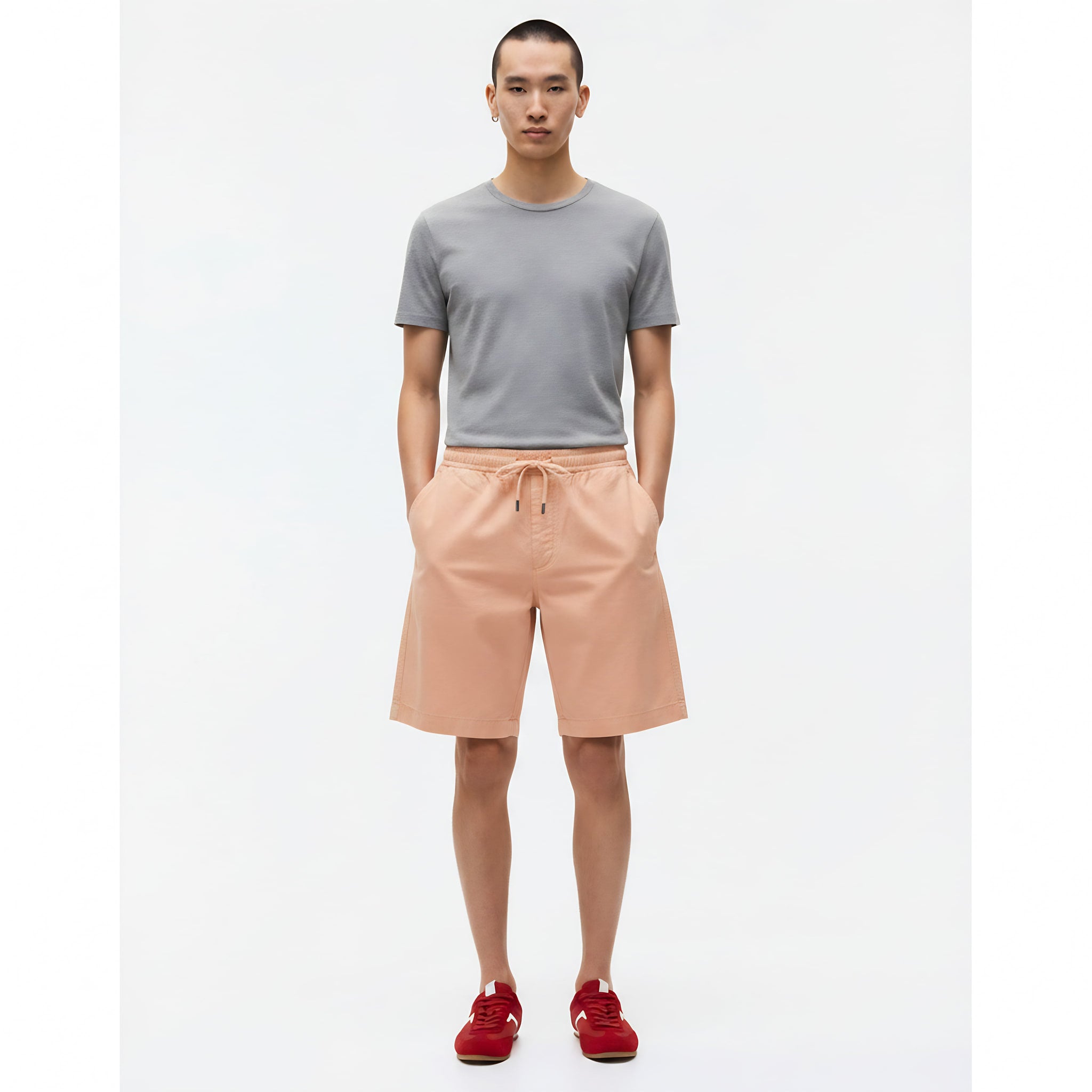 Cooling Moisture-Wicking Stretch Shorts on model - Apricot - front