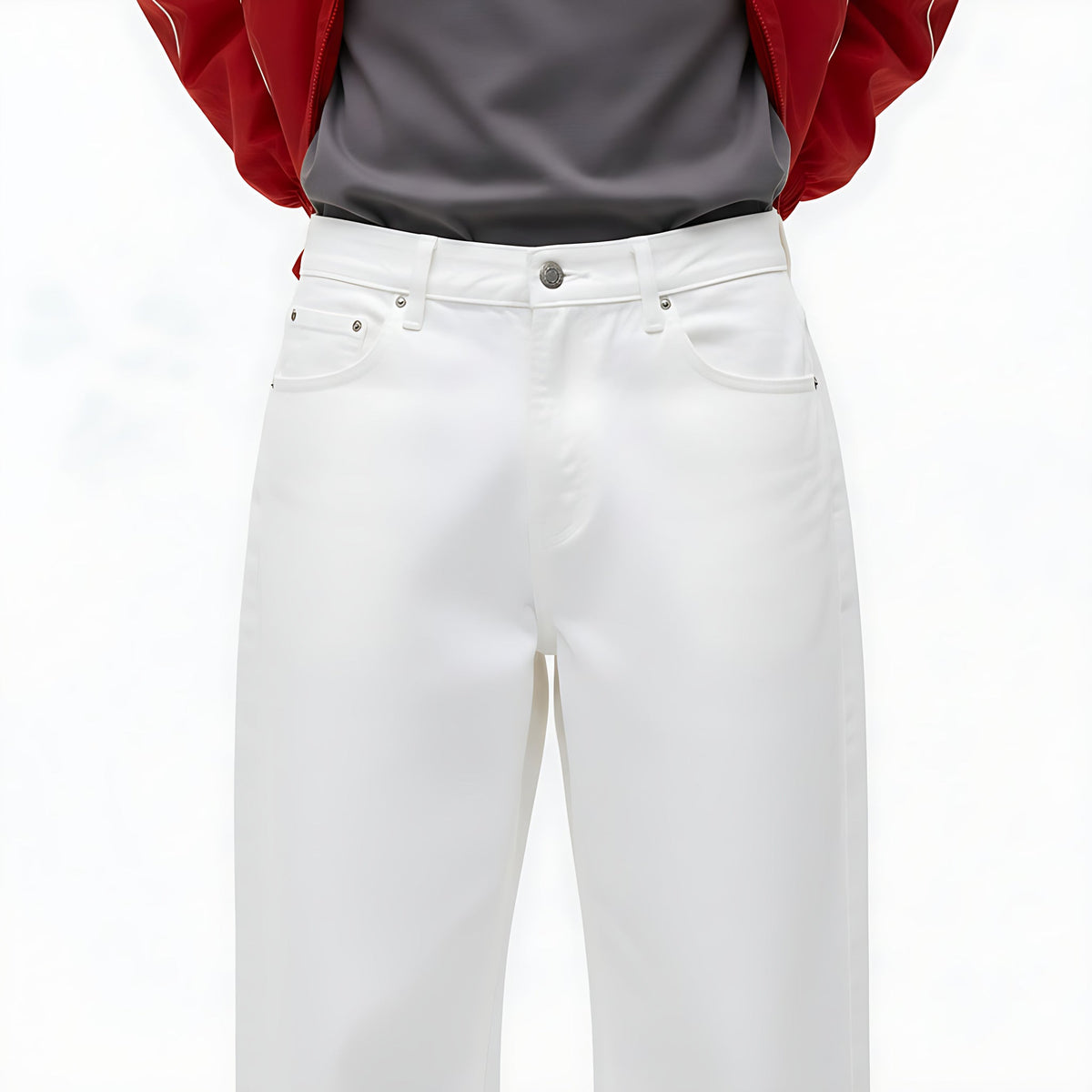 Straight-Leg Cotton Stretch Pants on model - detail view