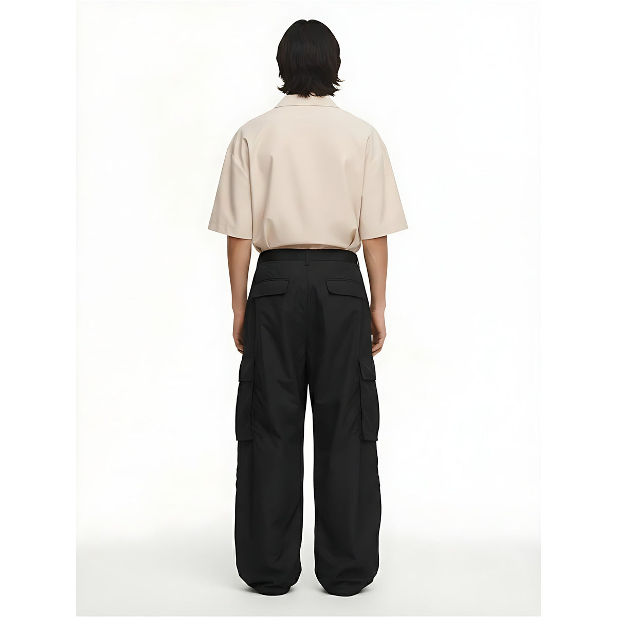 Wide-Leg Nylon Cargo Pants on model - Black - back