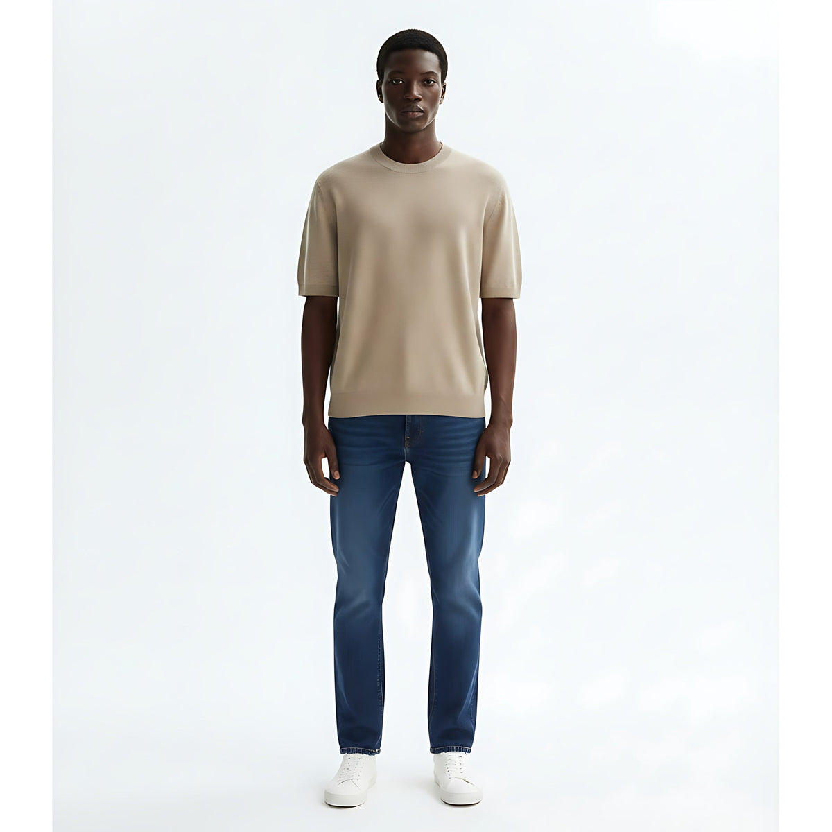 Relaxed Fit Short-Sleeve Knit Sweater on model - Khaki - front