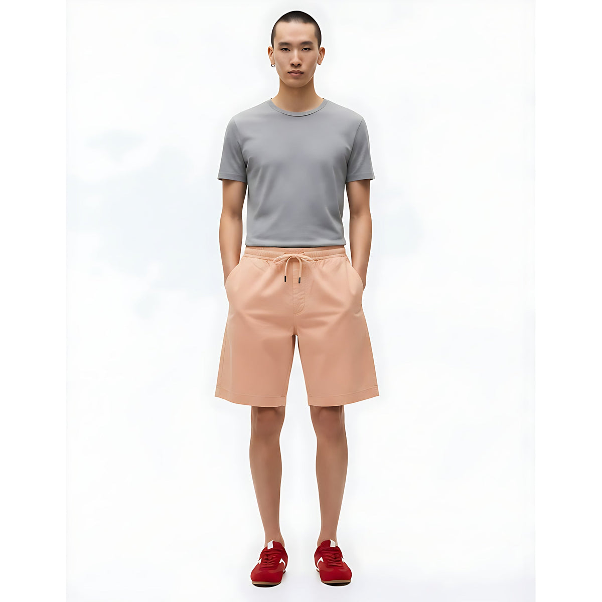 Cooling Moisture-Wicking Stretch Shorts on model - Apricot - front