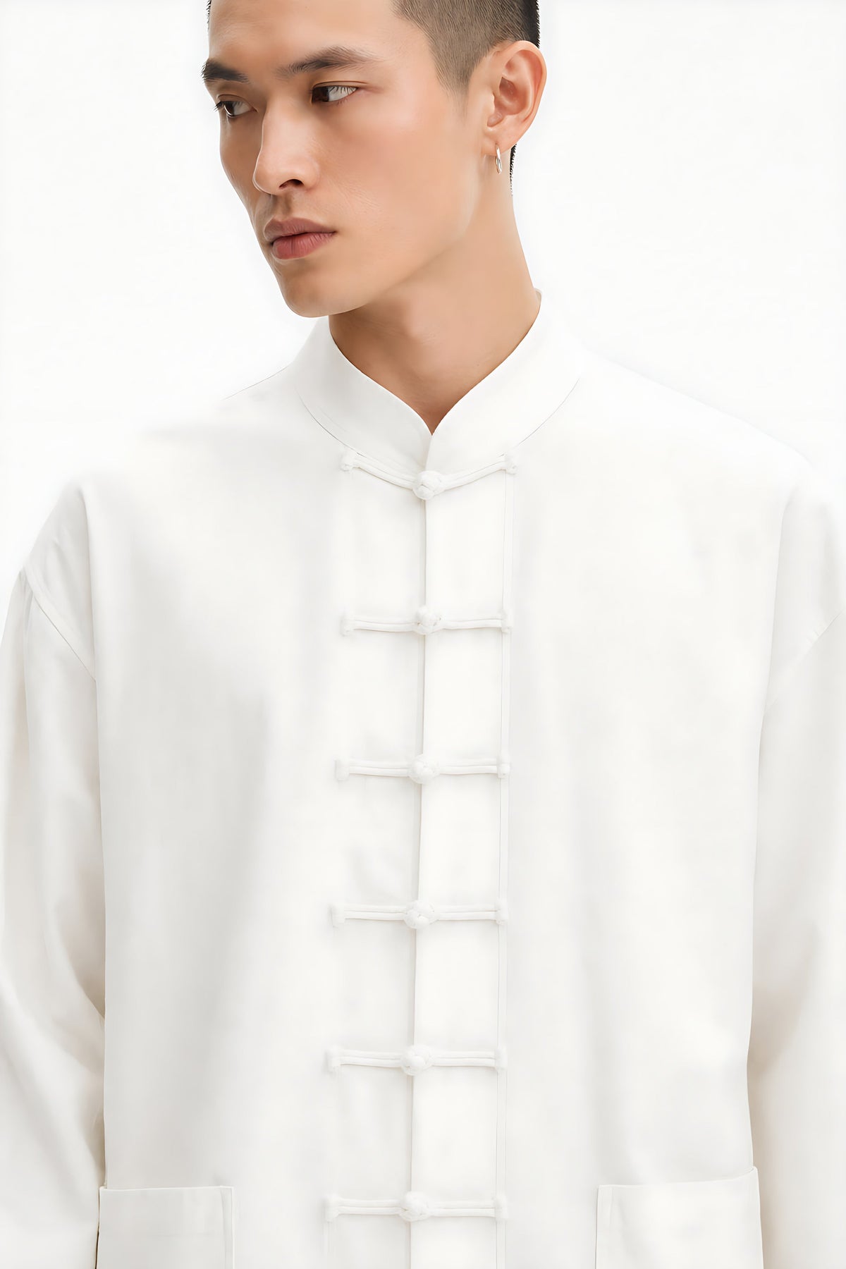 Long-Sleeve Shirt Linen Overshirt - White Frog-button Closure