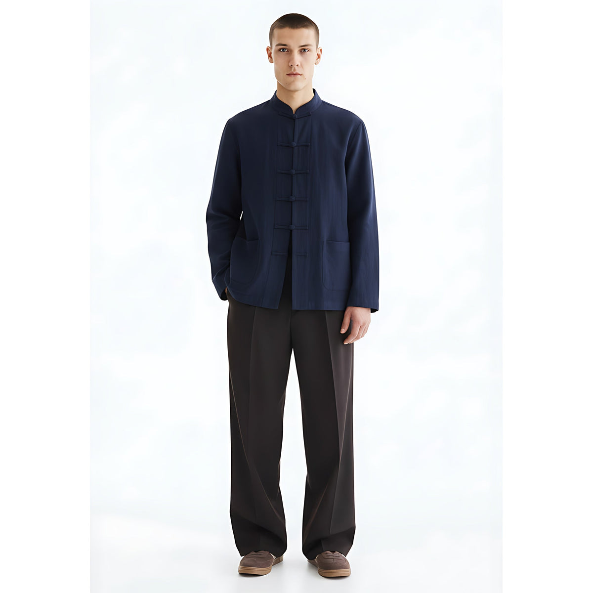 Long-Sleeve Shirt Linen Overshirt on model - front view