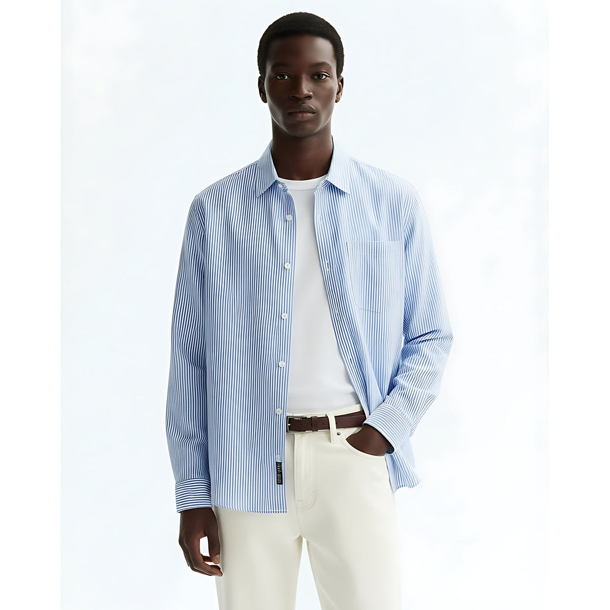 Windproof Color-Block Striped Shirt on model - Blue - front