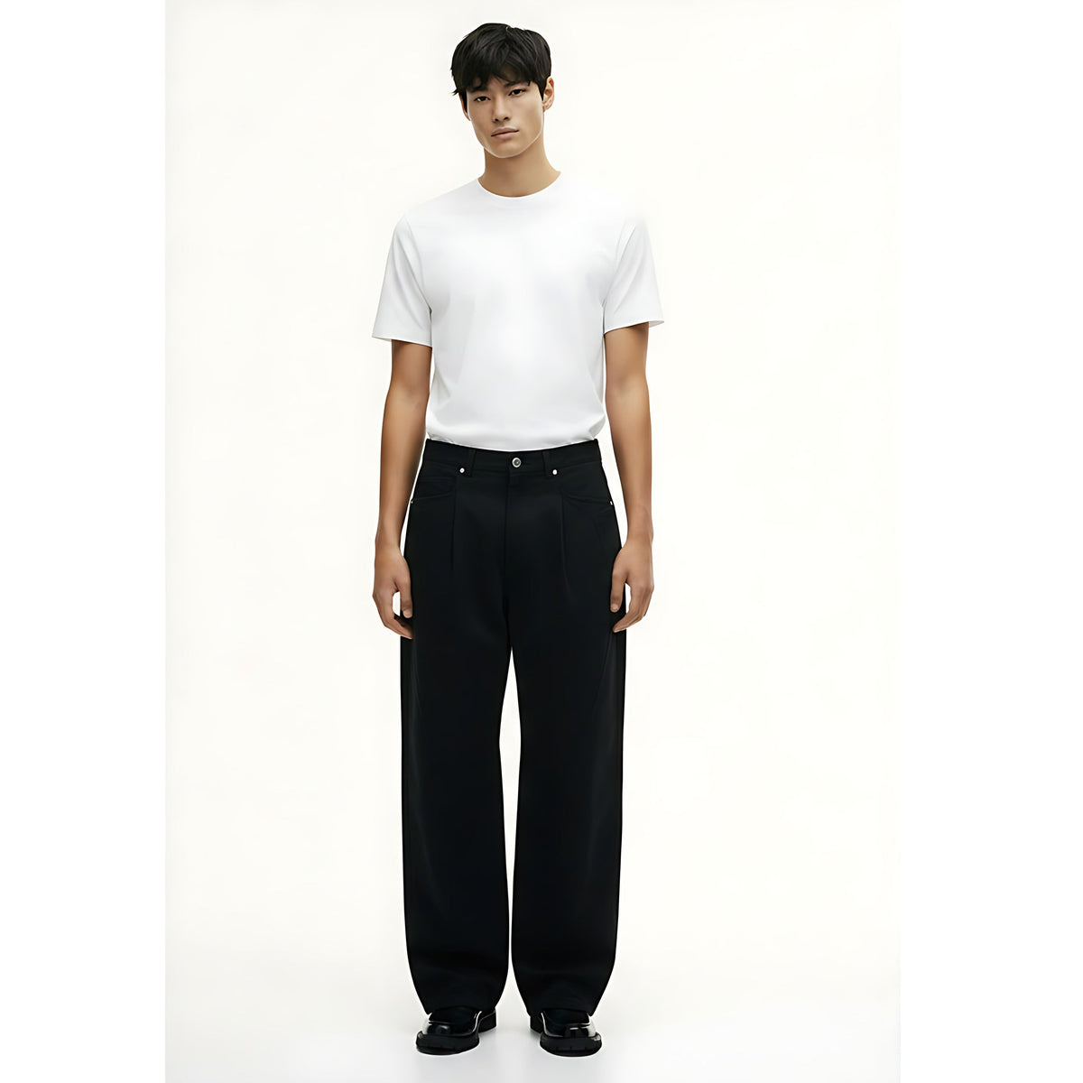 100% Cotton Stretch Pants on model - Black - front