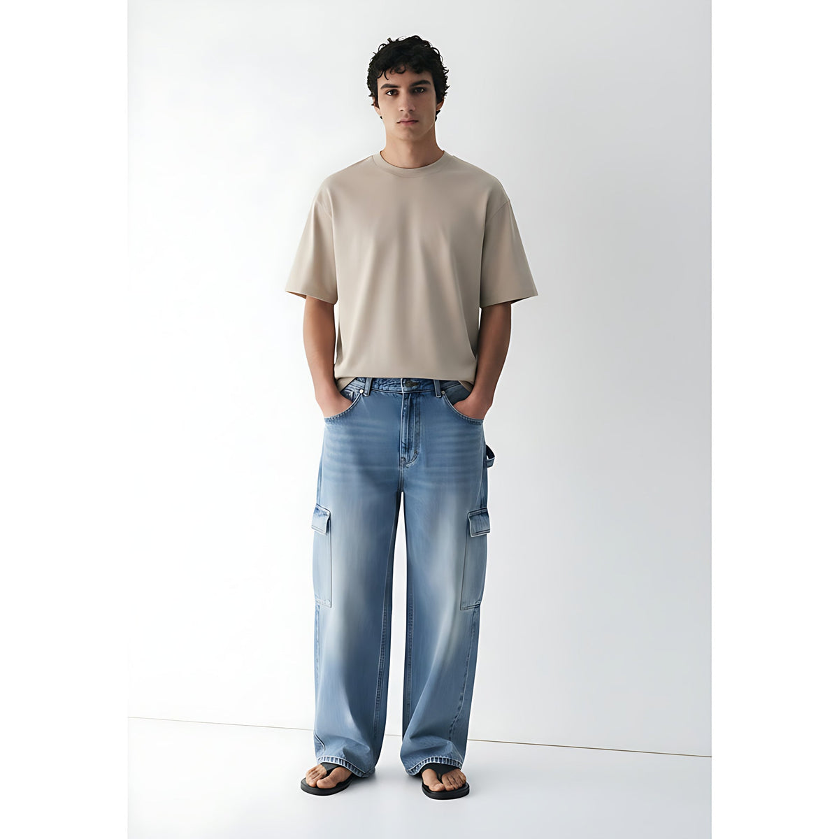 Wide-Leg Cargo Jeans on model - front view