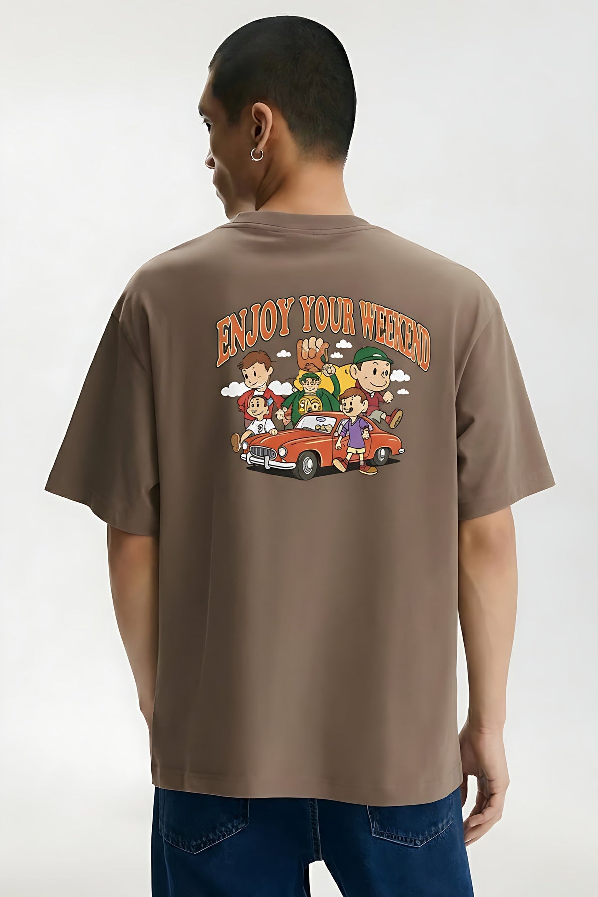 Outdoor Heavyweight Cotton Graphic T-Shirt on model - Brown - back