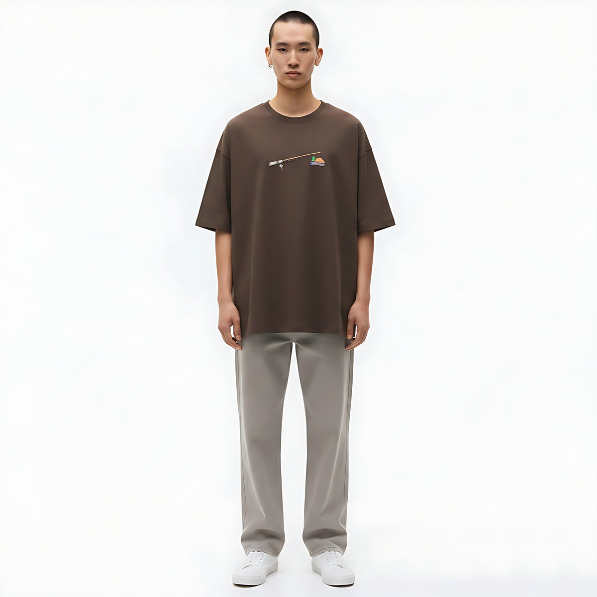 Men's Heavyweight 100% Cotton T-Shirt on model - Brown - front
