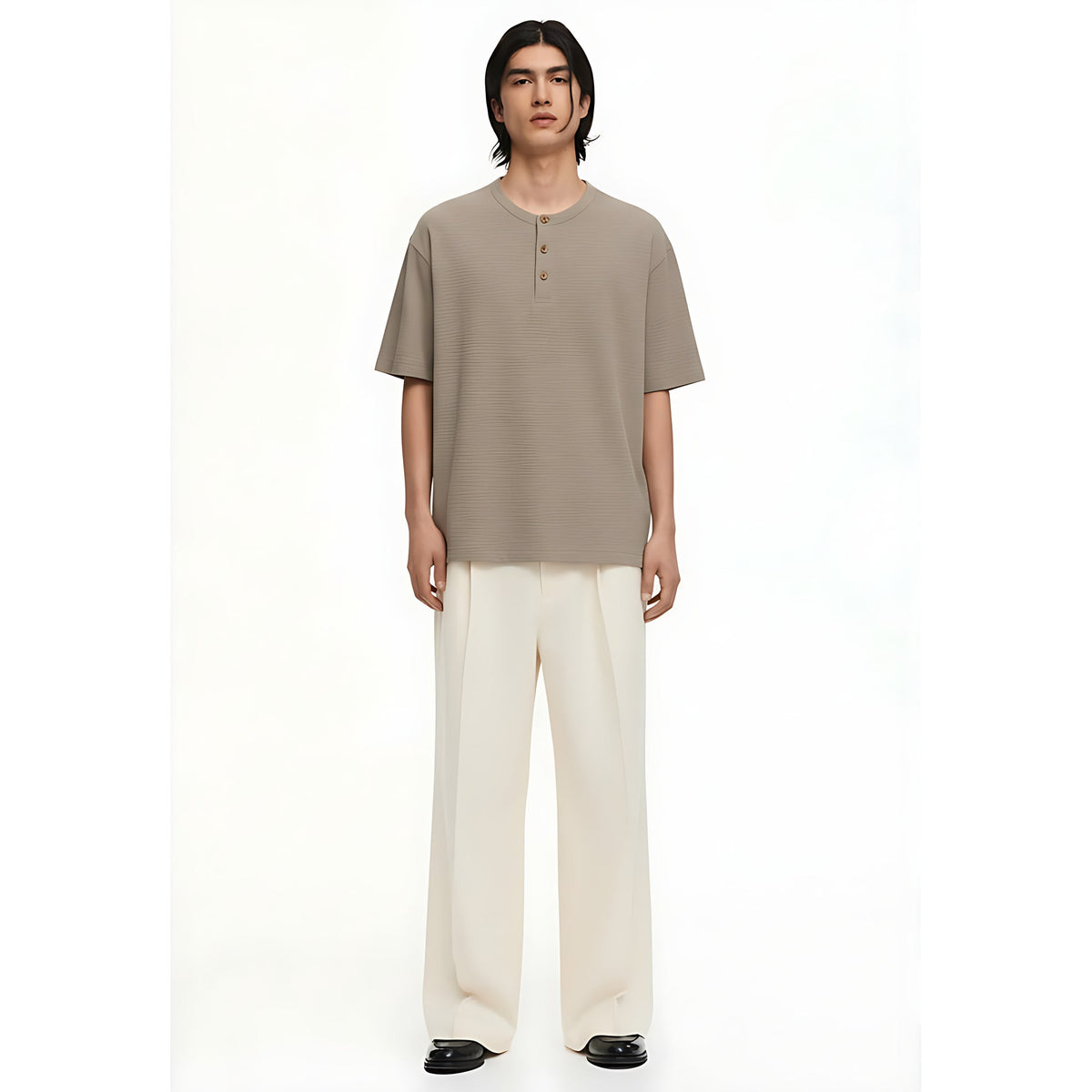 Oversized Henley T-Shirt Cotton-Blend on model - Khaki - front