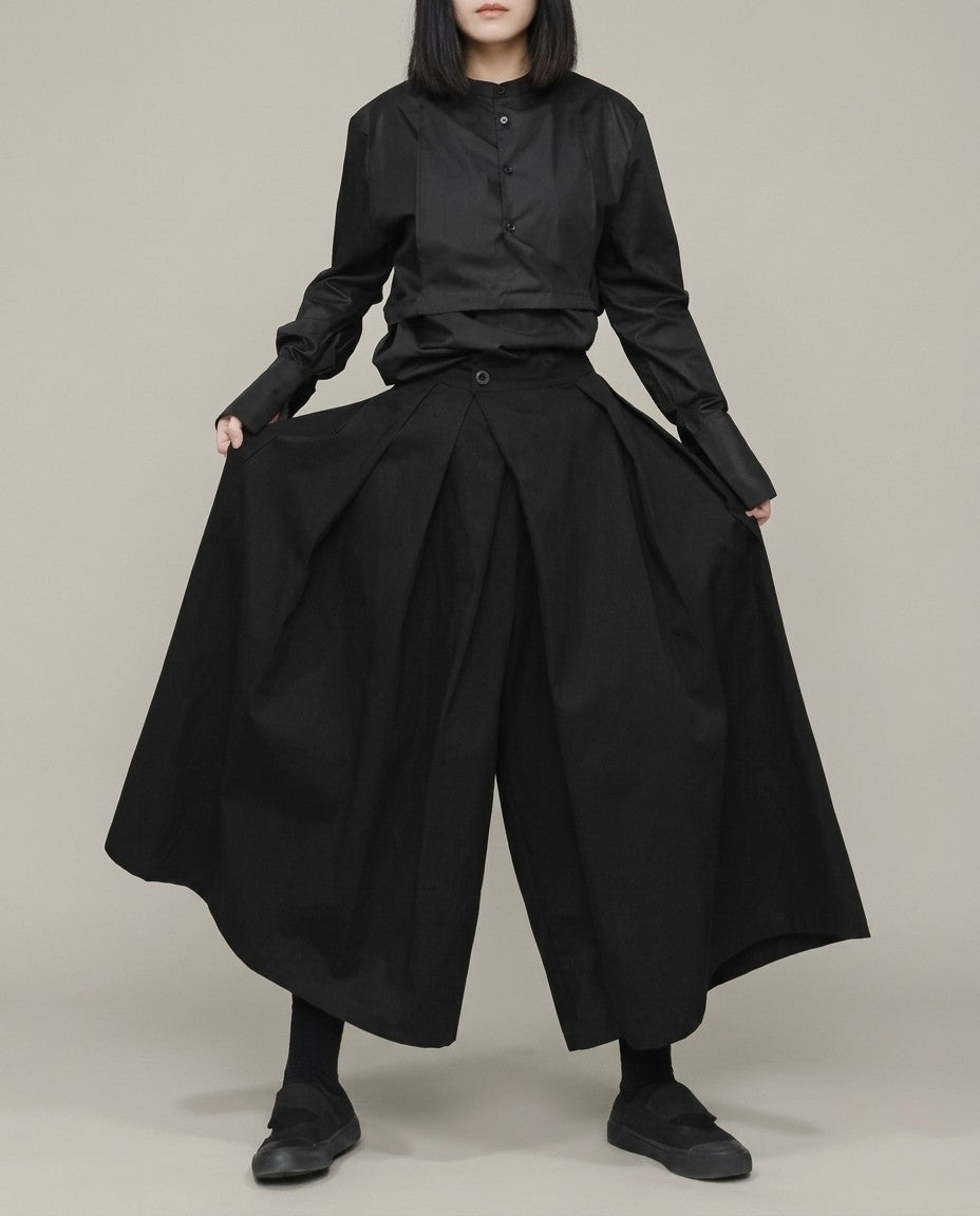 Women's hakama pants, black box-pleated wide leg, wide leg spread