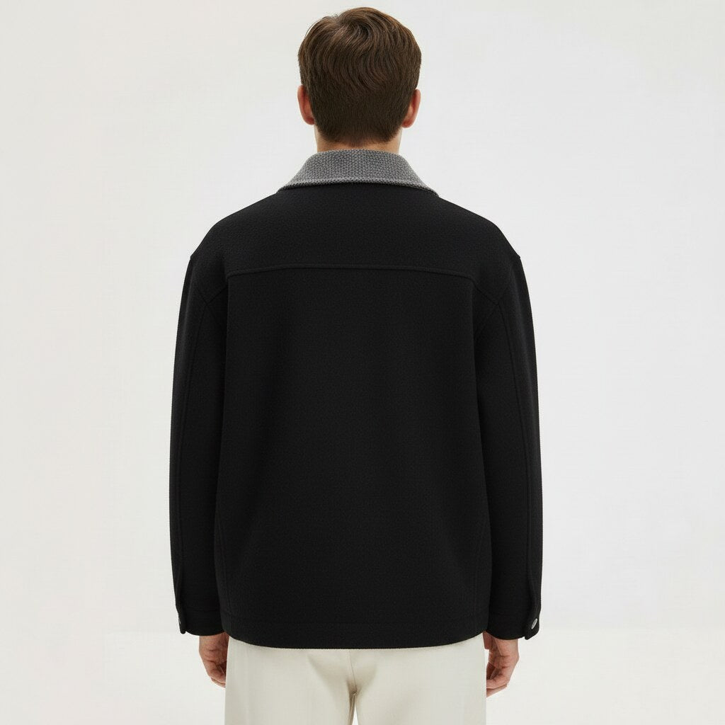 Wool Zip Jacket on model in black, back view